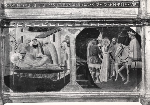 Soprintendenza per il patrimonio storico, artistico ed etnoantropologico delle province di Firenze, Pistoia e Prato — Andrea di Giusto - sec. XV - Morte di san Benedetto, santa Margherita d'Antiochia incontra Olibrio, il prefetto di Antiochia — particolare